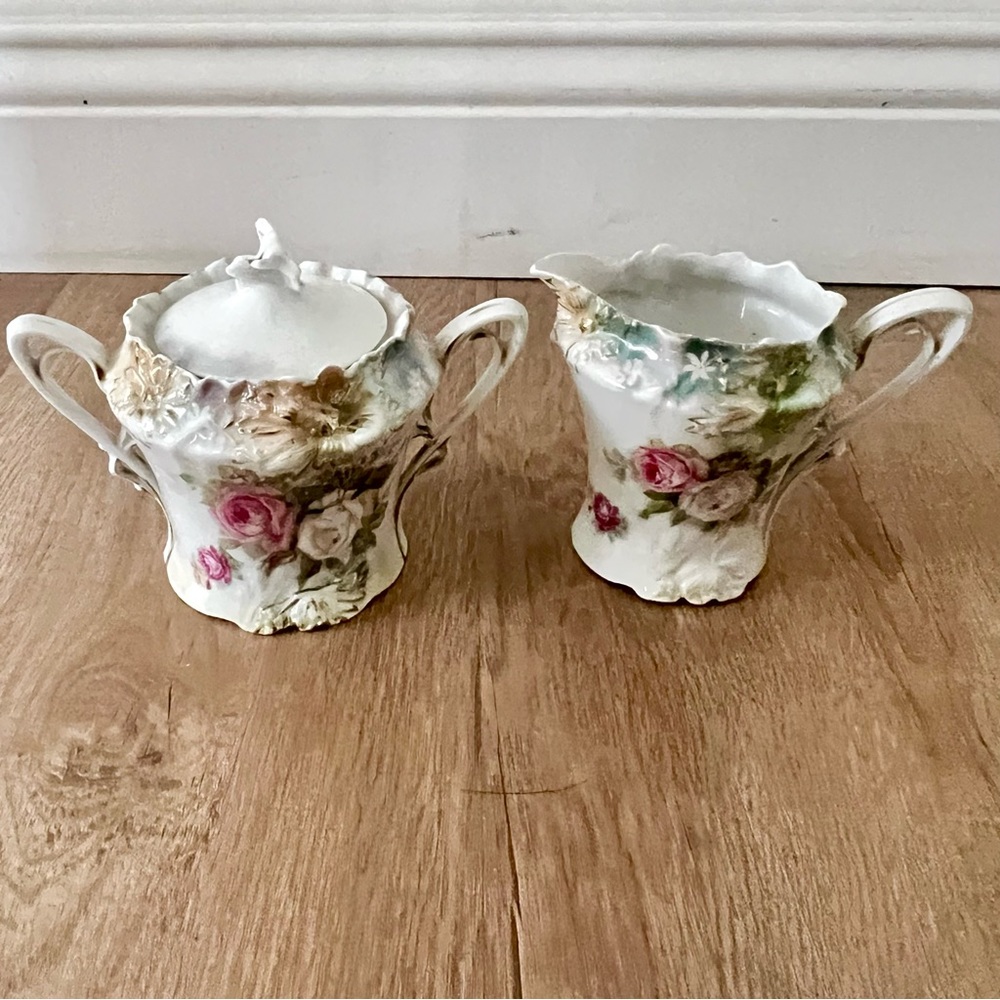 Antique R S Prussia Cream & Sugar Set Pink Floral Gold Trimmed Hand Painted Mint